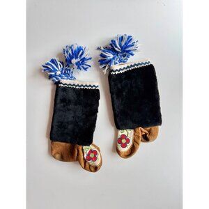 Vintage Kids' Inuit Beaded Suede Black Fur Shaft Tasseled Pom Pom Mukluk Boots